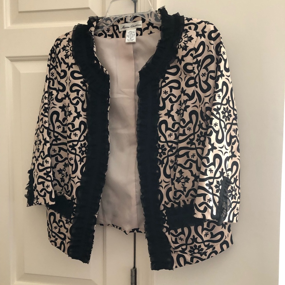 Black and Cream with black lace trim jacket with 3/4 inch sleeves